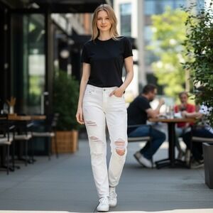 Guess Slim Tapered Jeans Women 34 White Excellent Distressed Moto Ripped Denim